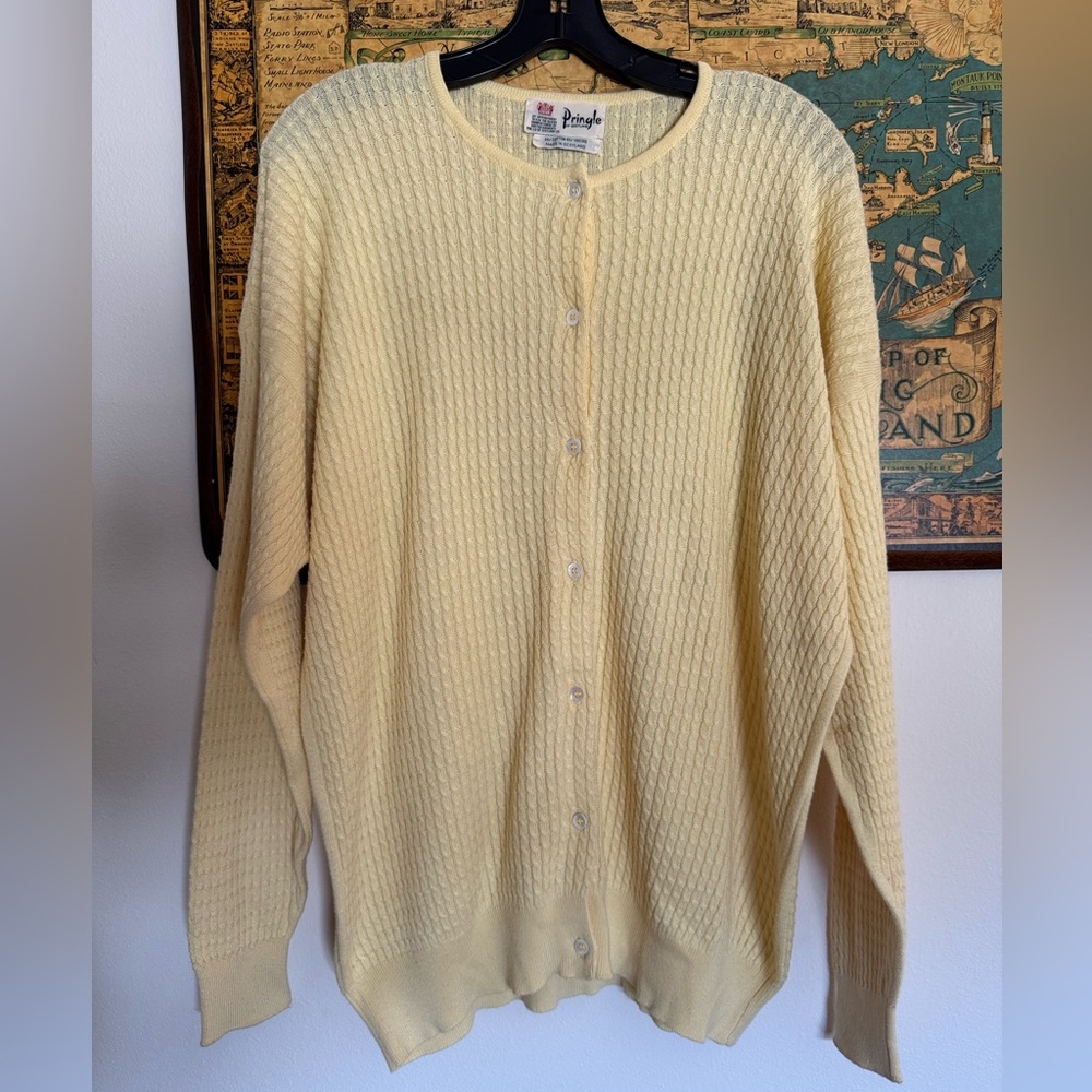 Pringle Of Scotland Cable Knit Cardigan Cotton Yellow Button Down Vintage L/XL
